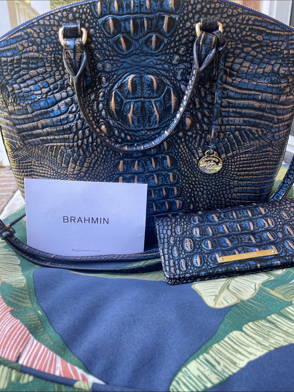 Brahmin Black Croc-Embossed Dome Satchel with Matching Wallet
